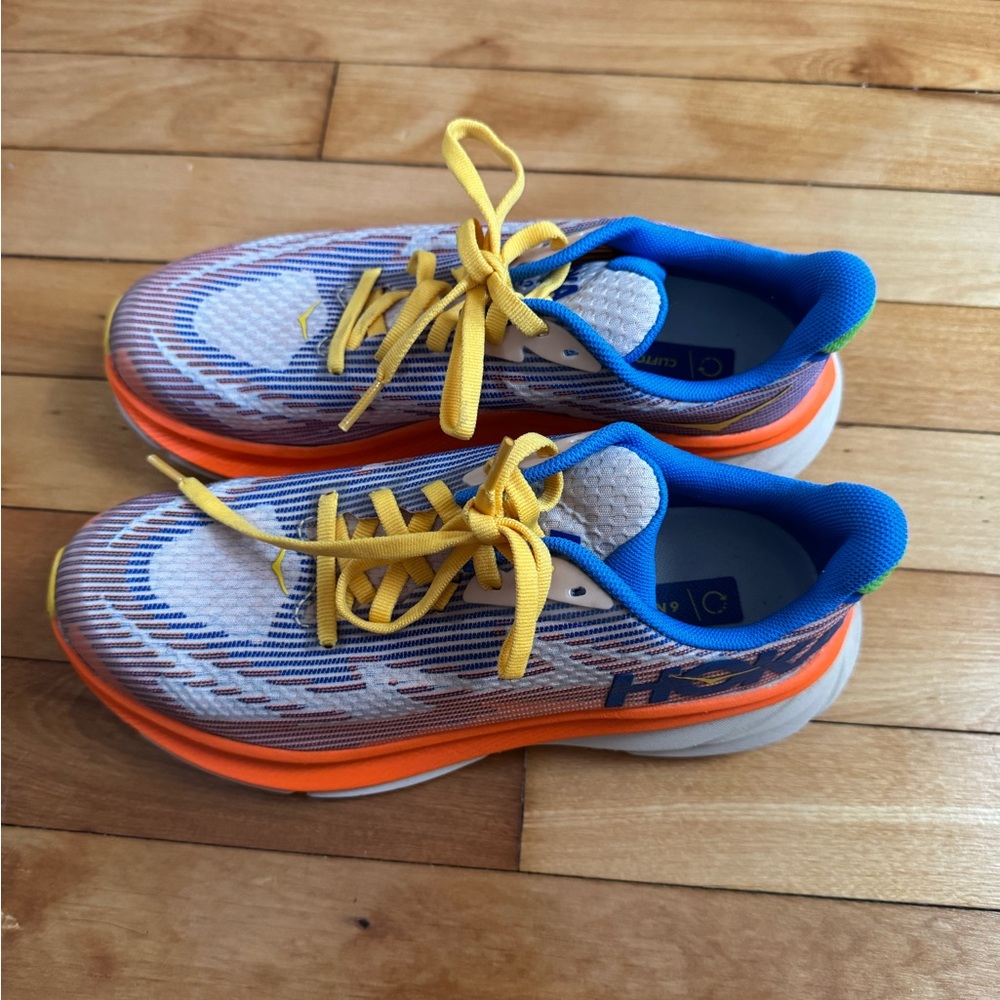 Hoka Orange and Blue Sneakers with Cushioned Midsole Clifton 9